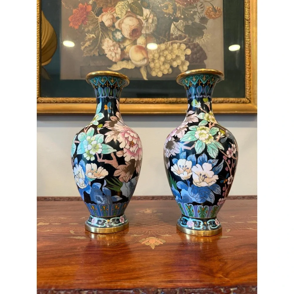 Vintage Cloisonné Peony Vase Pair‎ - 10.25